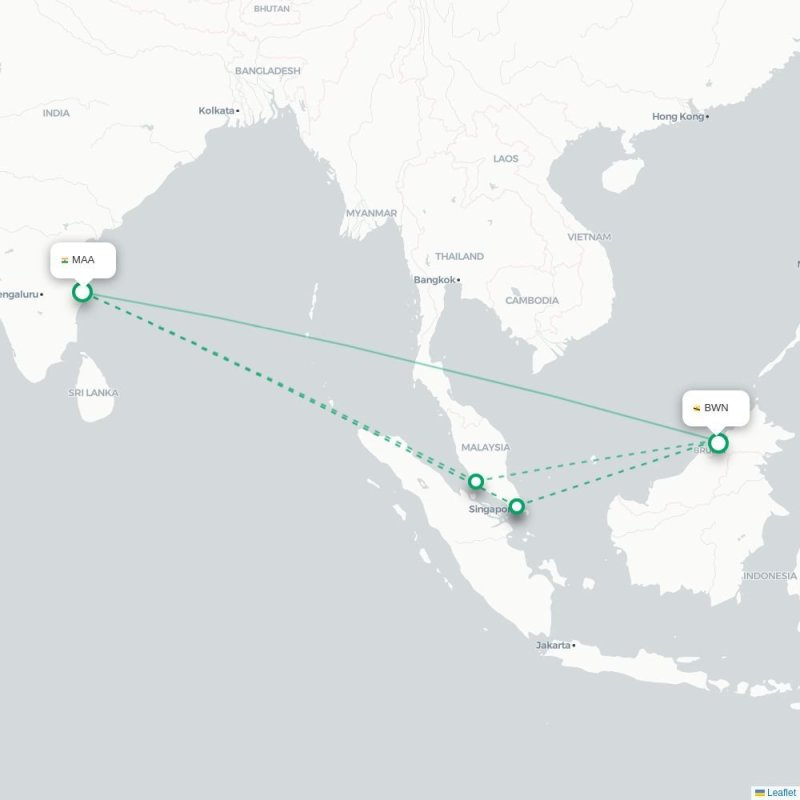 MAA - BWN route map