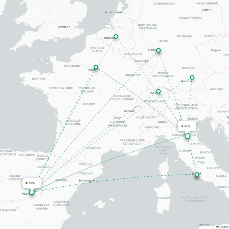 MAD - BLQ route map