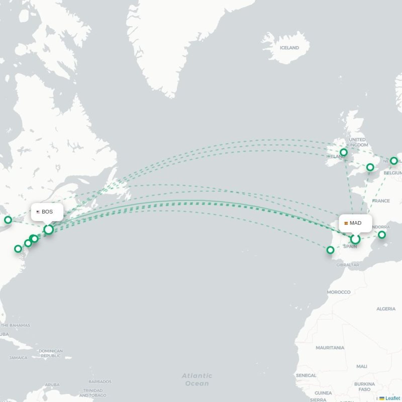 MAD - BOS route map