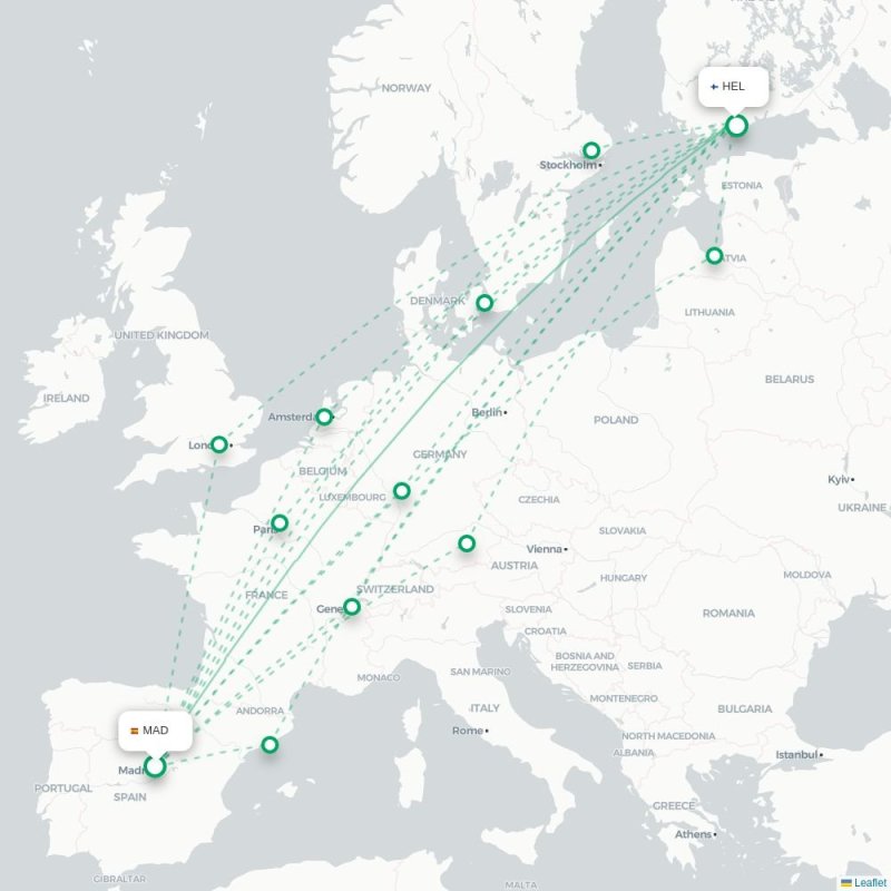 MAD - HEL route map