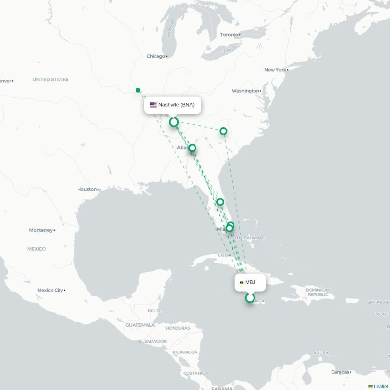 MBJ - BNA route map
