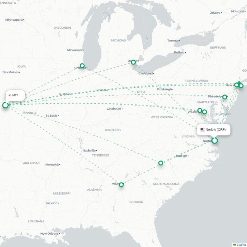 MCI - ORF route map