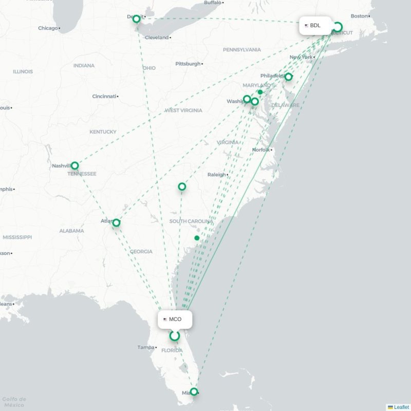 MCO - BDL route map