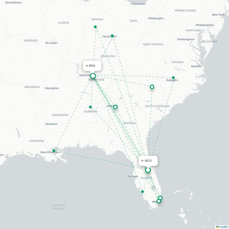 MCO - BNA route map