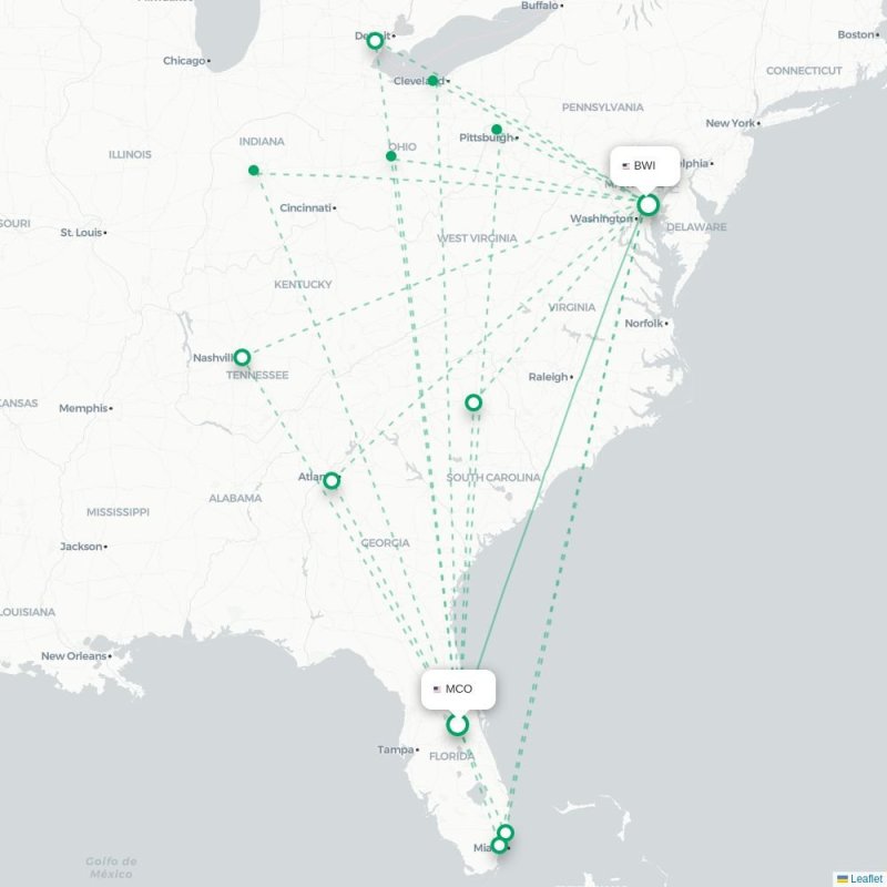 MCO - BWI route map