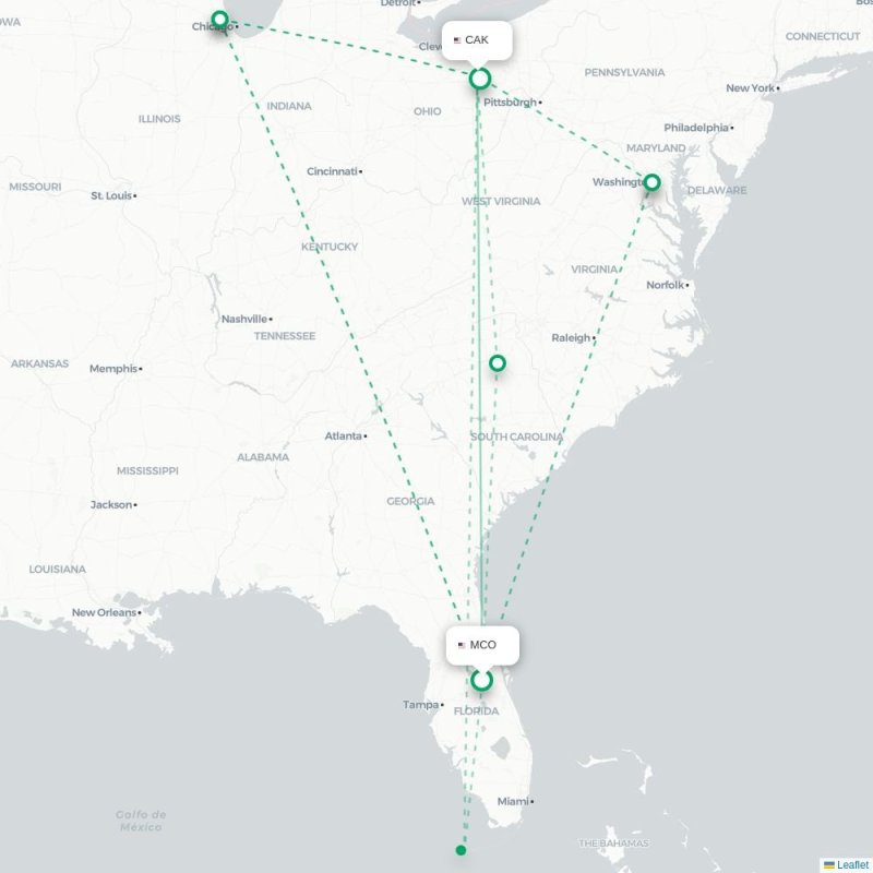 MCO - CAK route map