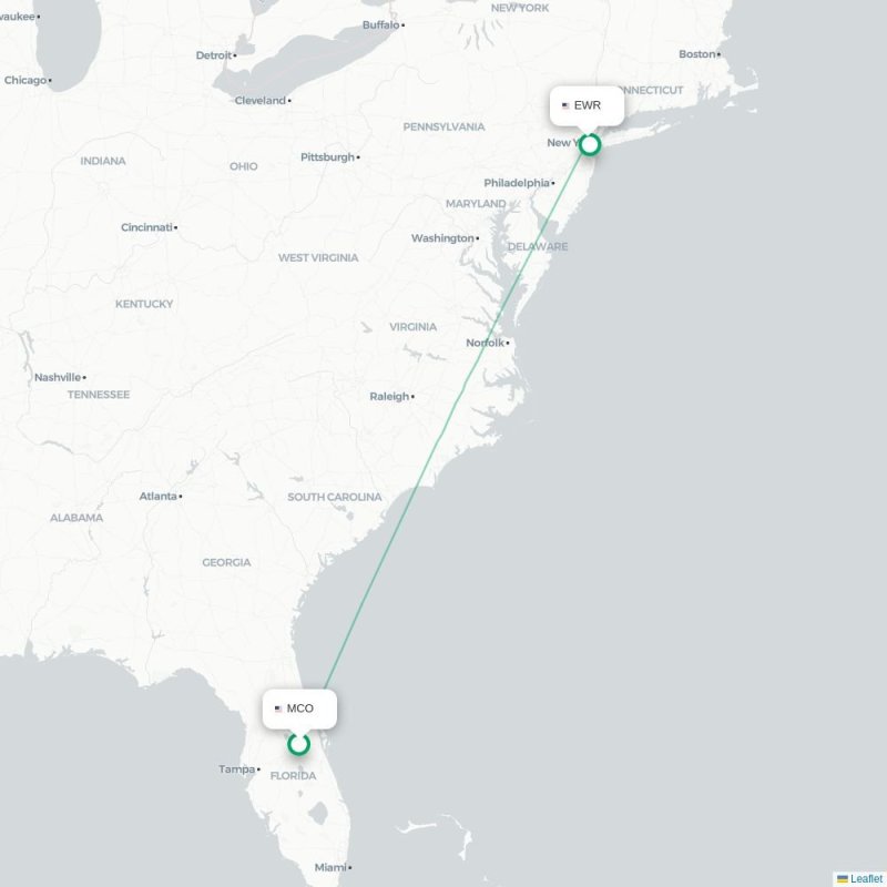 MCO - EWR route map