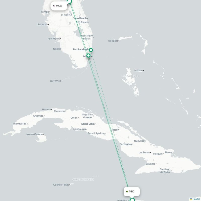 MCO - MBJ route map