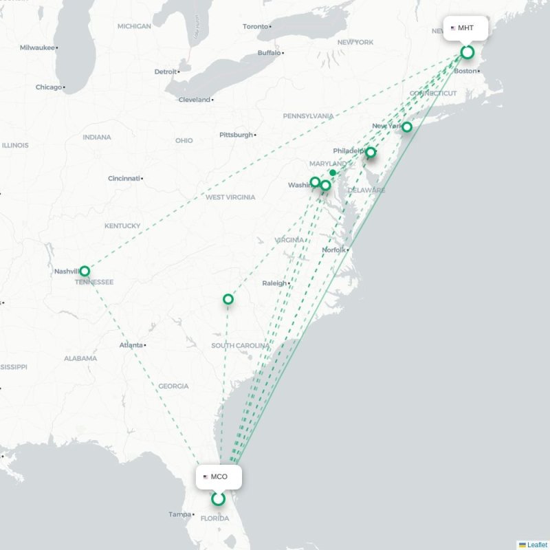 MCO - MHT route map