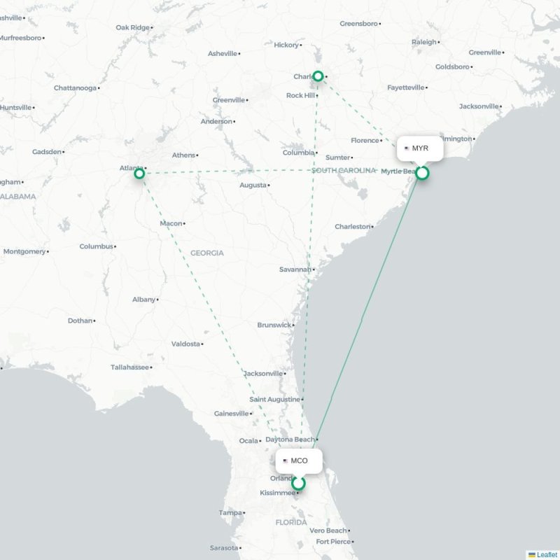 MCO - MYR route map