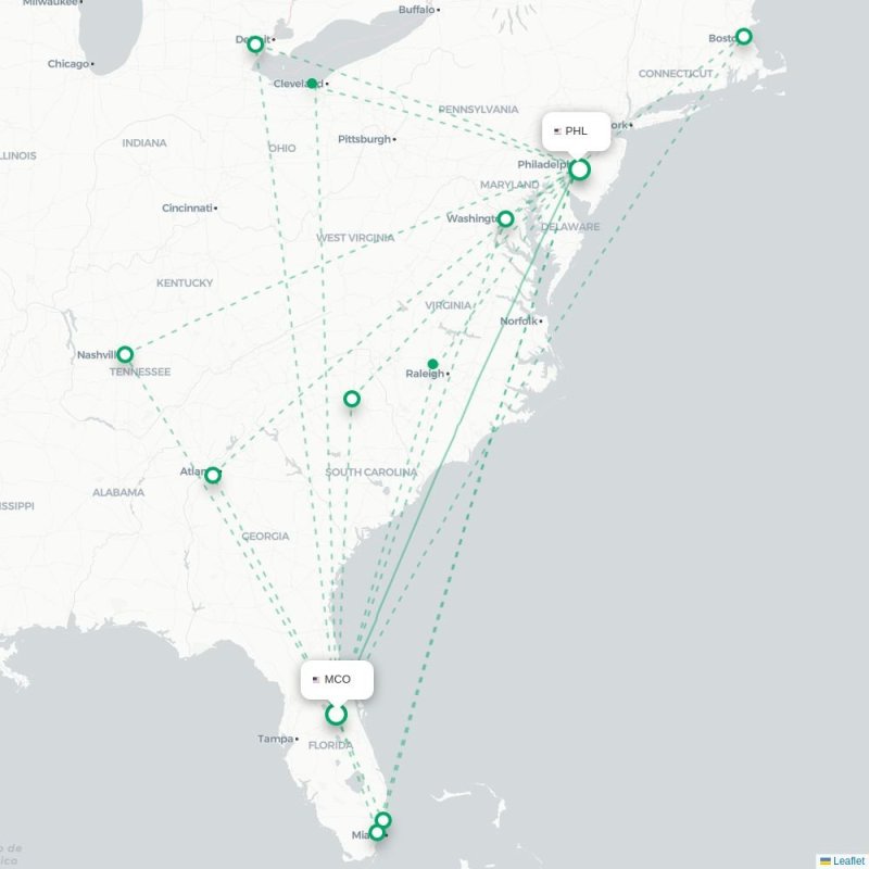 MCO - PHL route map