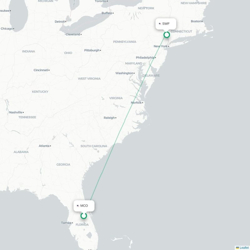 MCO - SWF route map