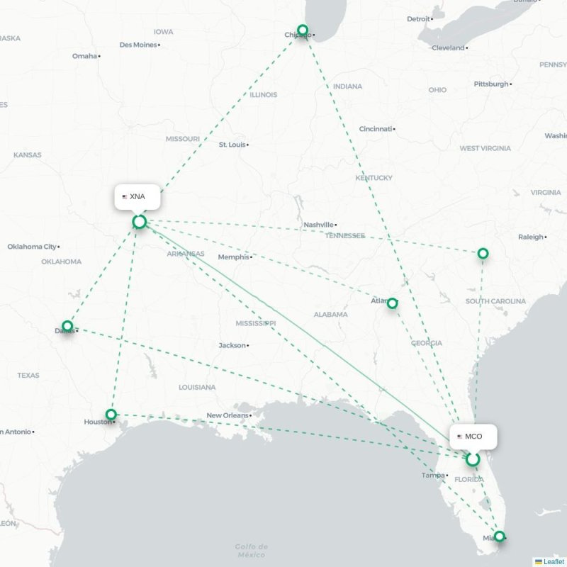 MCO - XNA route map