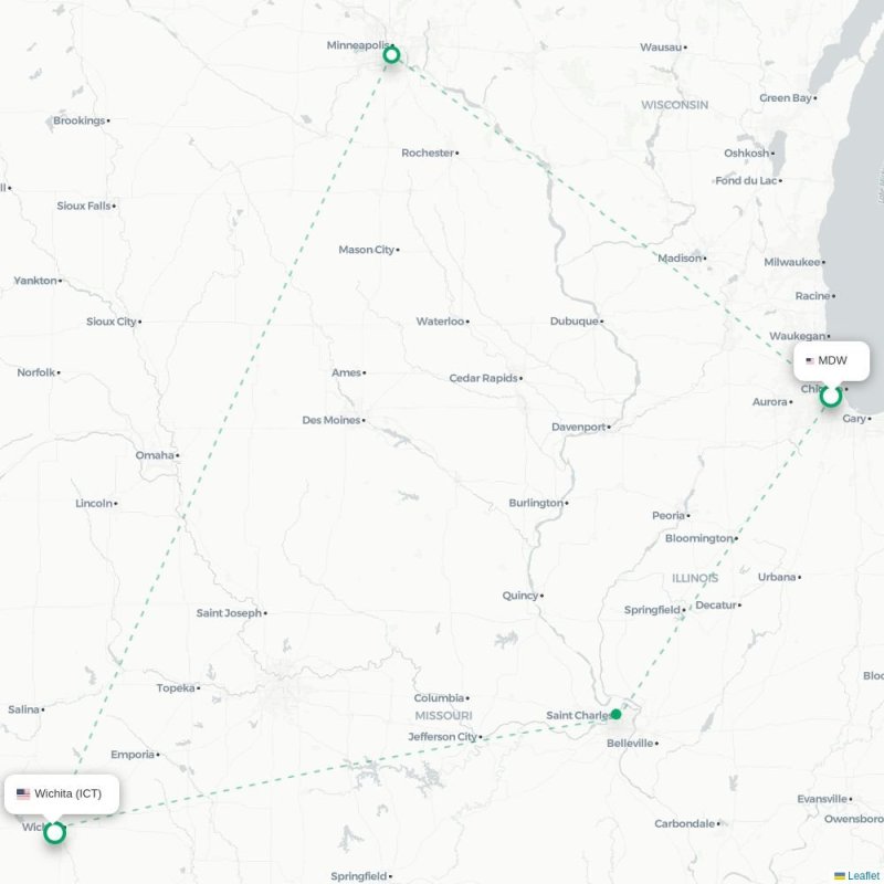 MDW - ICT route map