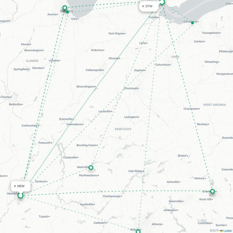 MEM - DTW route map