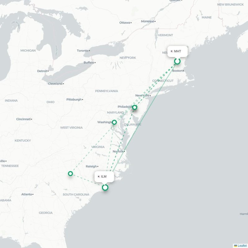 MHT - ILM route map