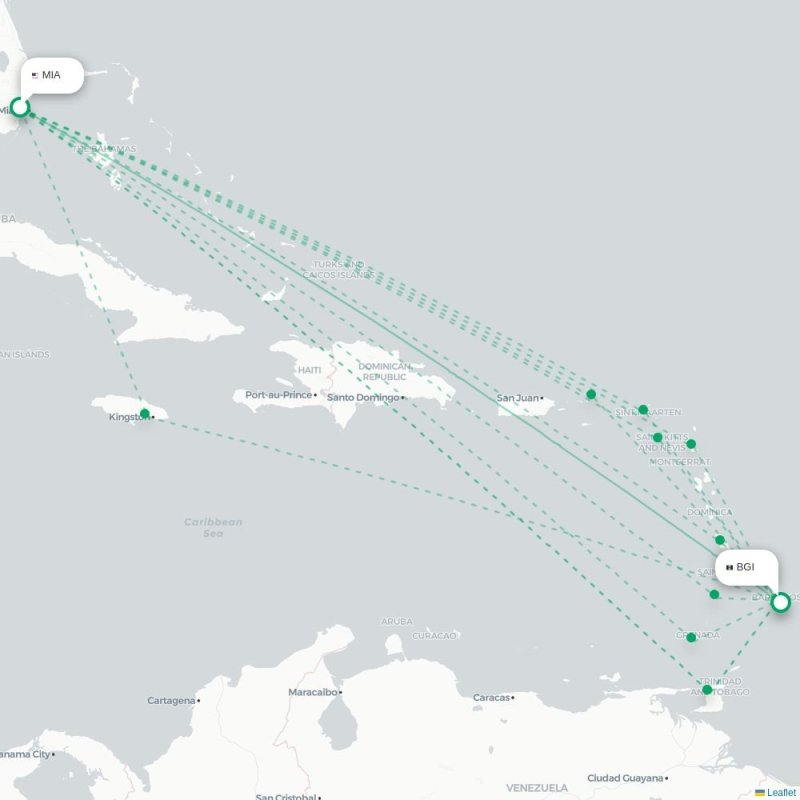 MIA - BGI route map