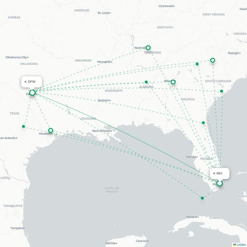 MIA - DFW route map