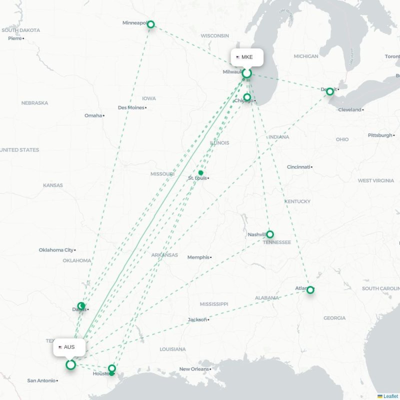 MKE - AUS route map