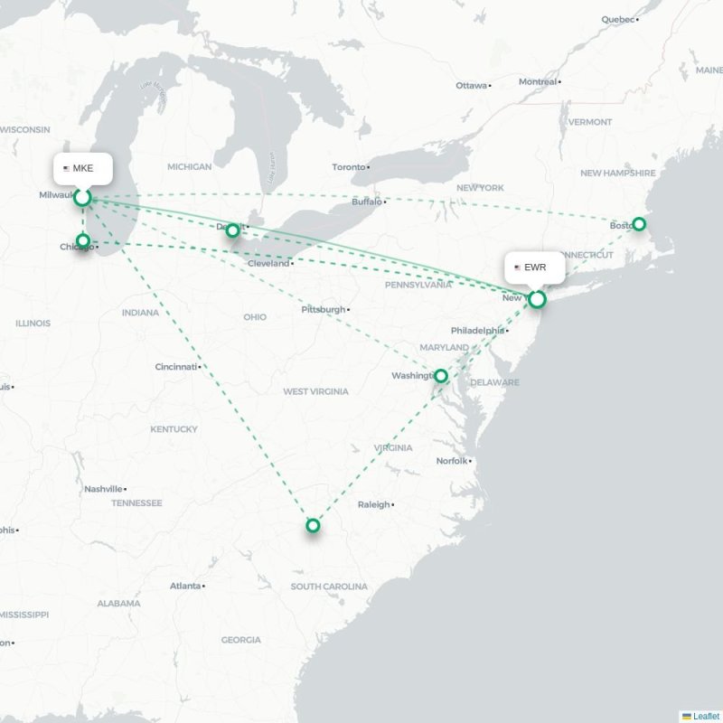 MKE - EWR route map