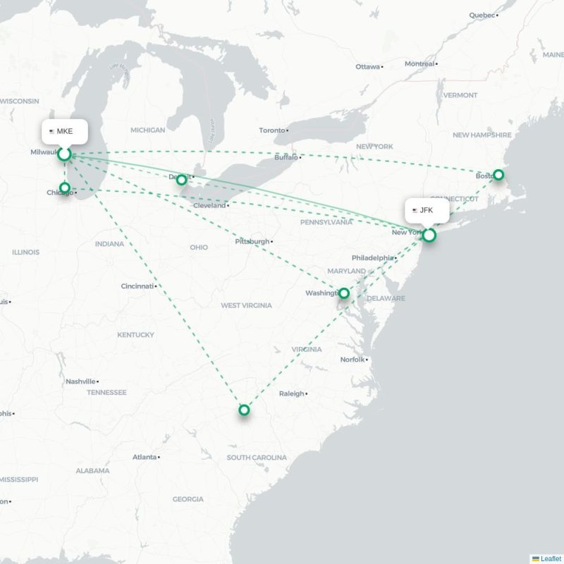 MKE - JFK route map