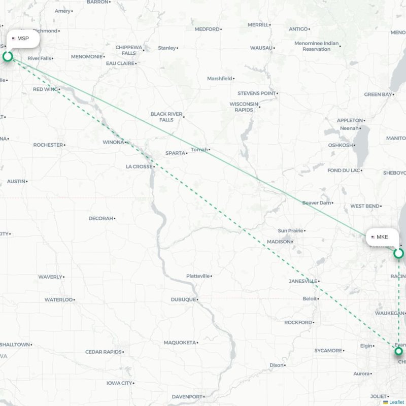MKE - MSP route map