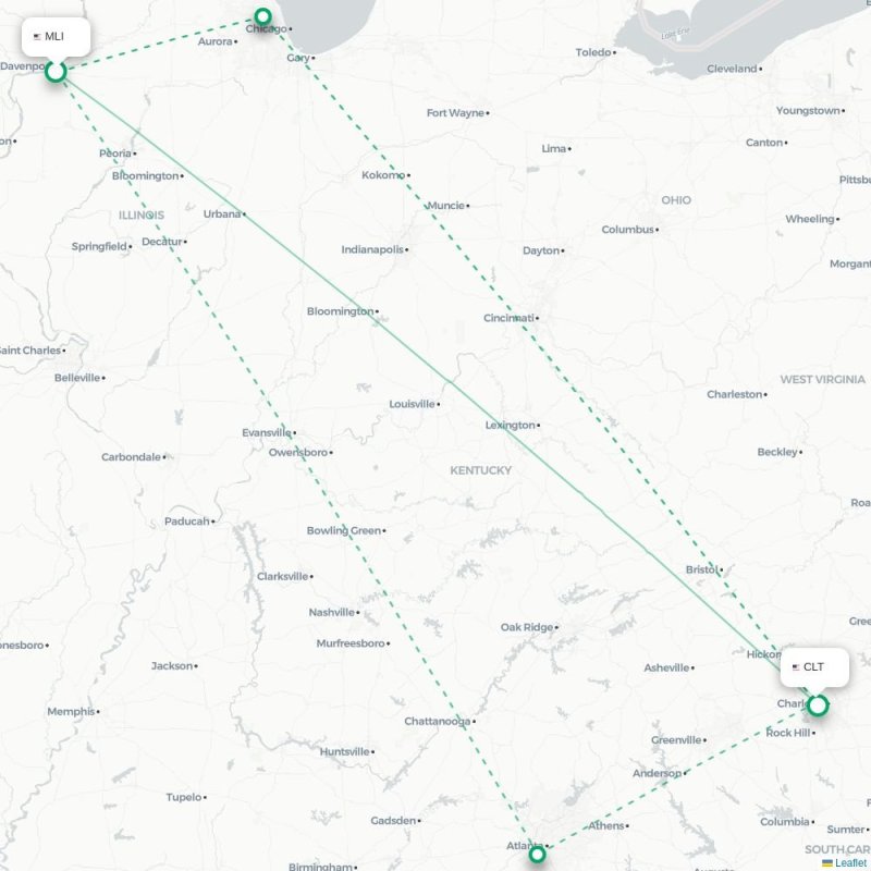 MLI - CLT route map
