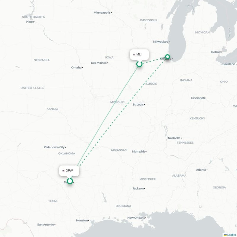 MLI - DFW route map