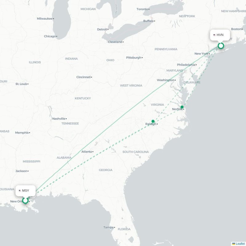 MSY - HVN route map