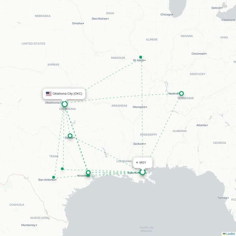 MSY - OKC route map