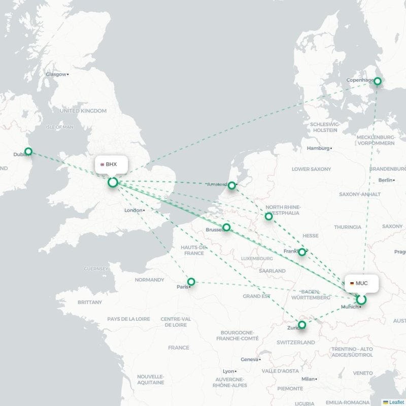 MUC - BHX route map