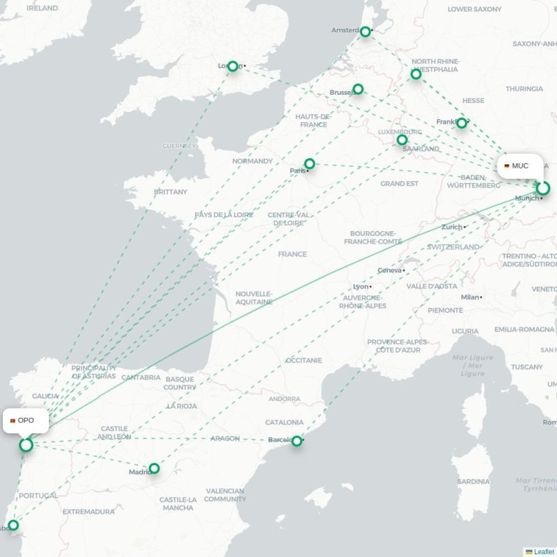 MUC - OPO route map