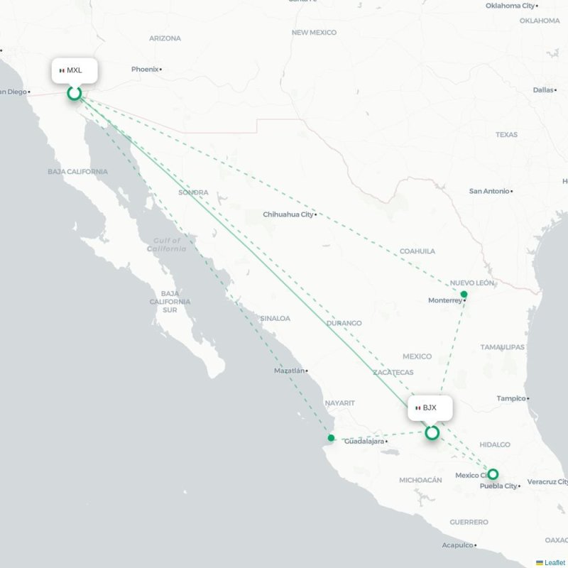 MXL - BJX route map