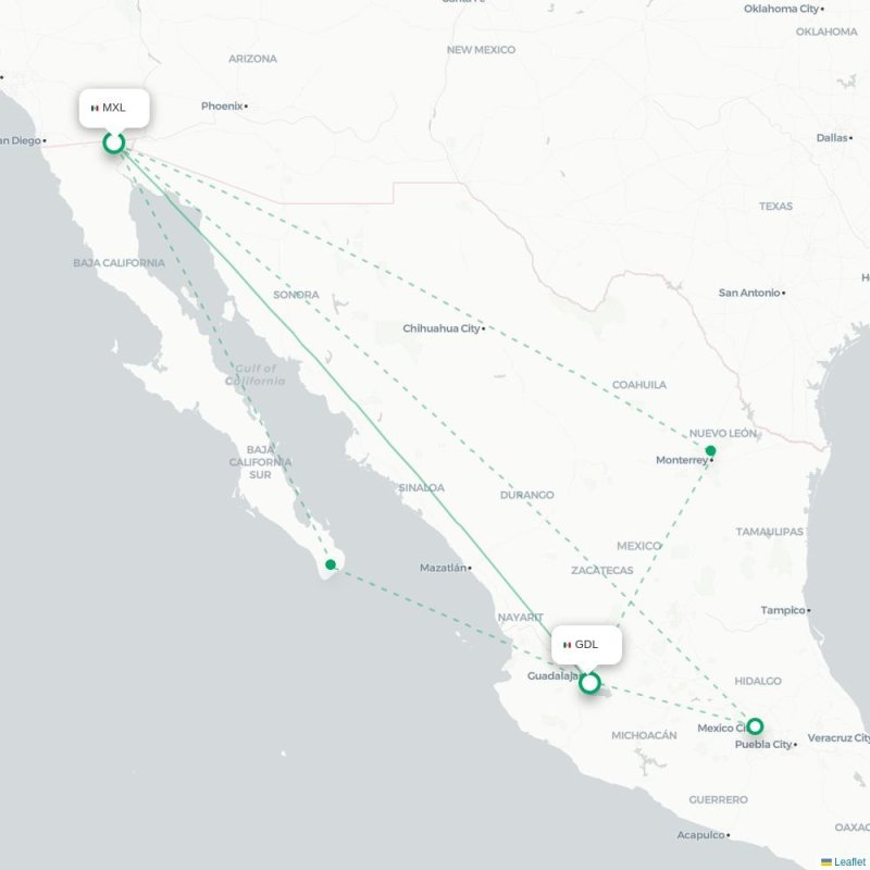 MXL - GDL route map
