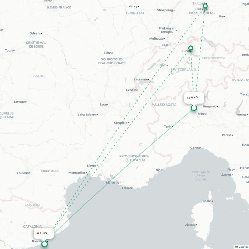 MXP - BCN route map