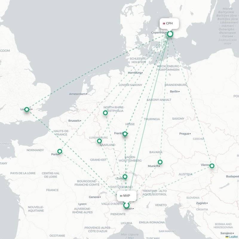 MXP - CPH route map
