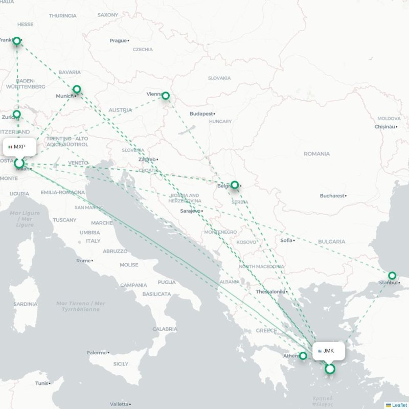 MXP - JMK route map