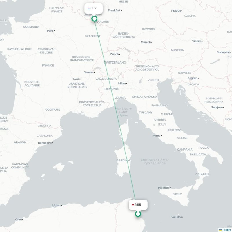 NBE - LUX route map