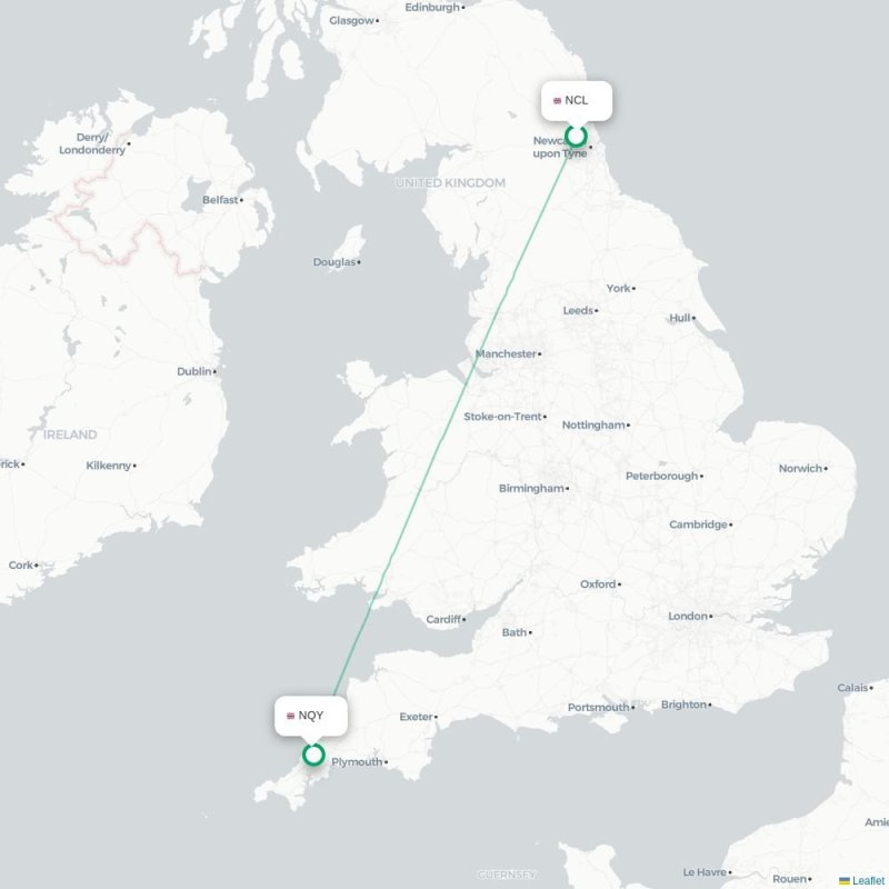 NCL - NQY route map