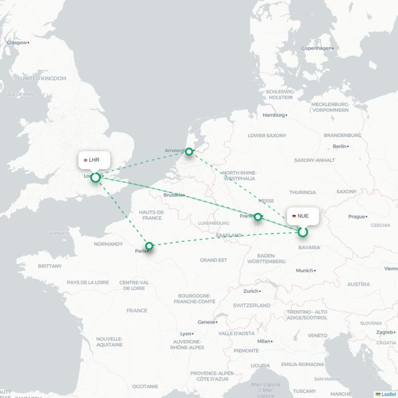 NUE - LHR route map