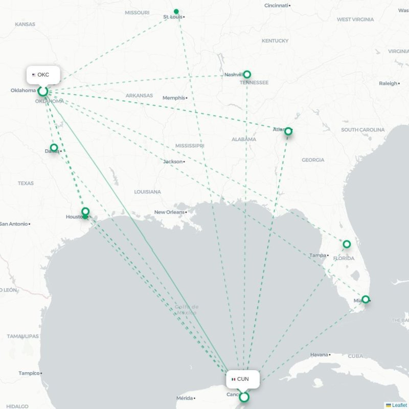 OKC - CUN route map