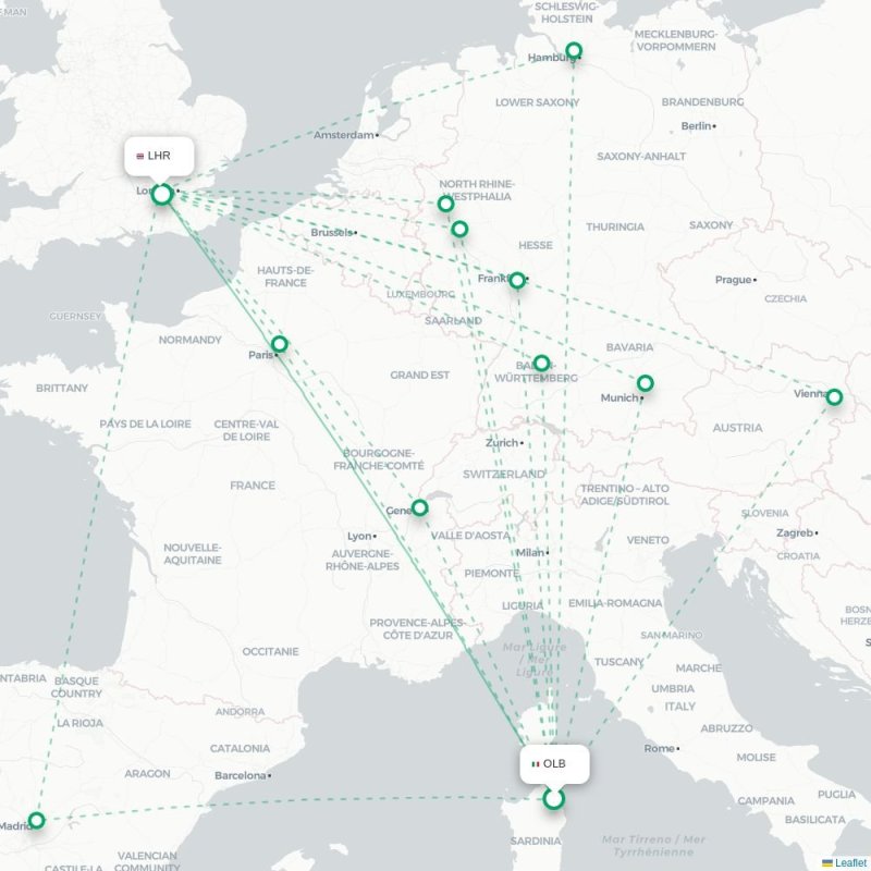 OLB - LHR route map