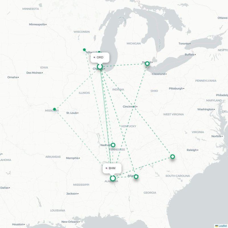 ORD - BHM route map