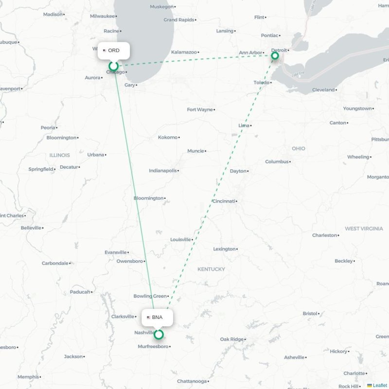 ORD - BNA route map