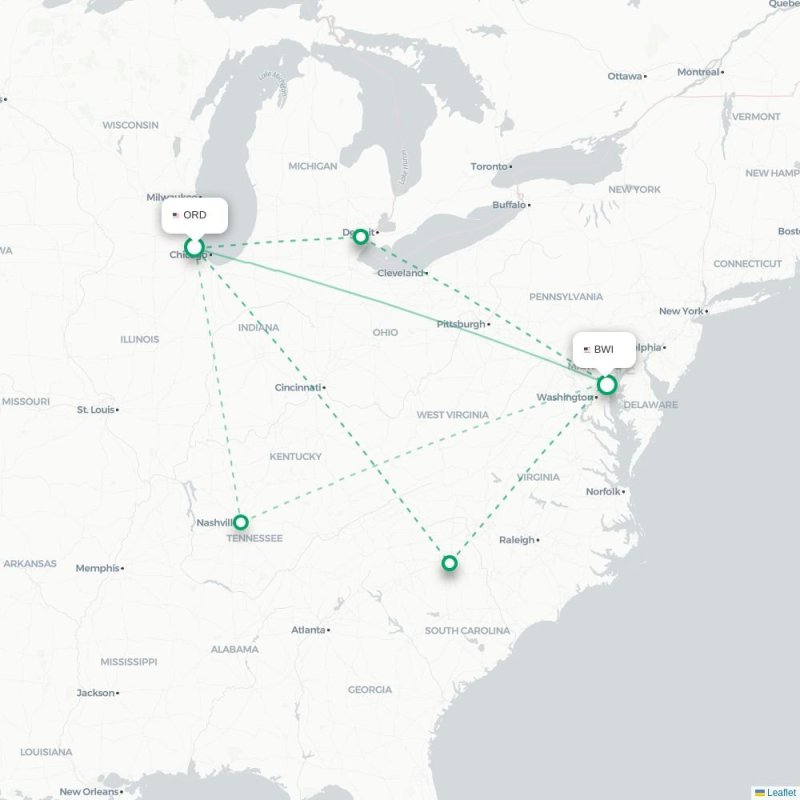 ORD - BWI route map