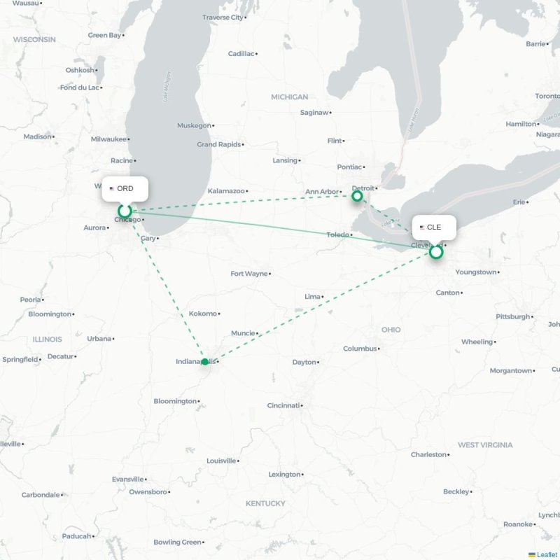 ORD - CLE route map