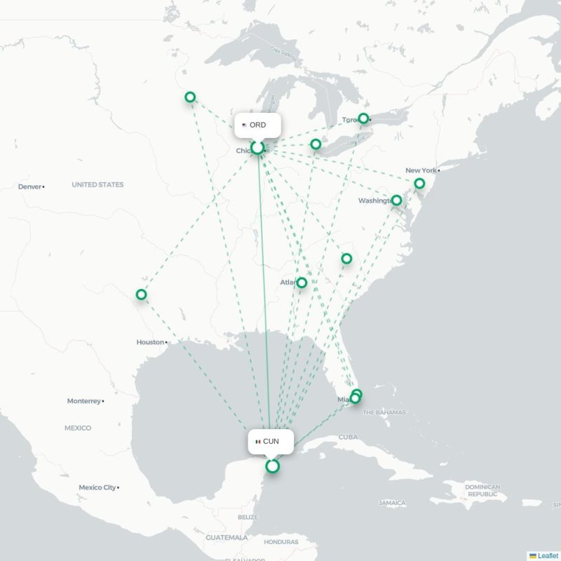 ORD - CUN route map