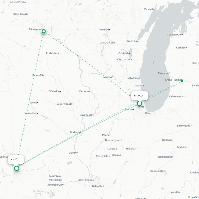 ORD - MCI route map