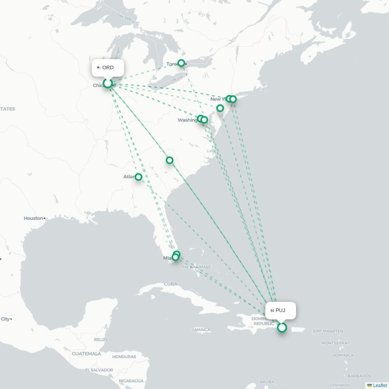 ORD - PUJ route map