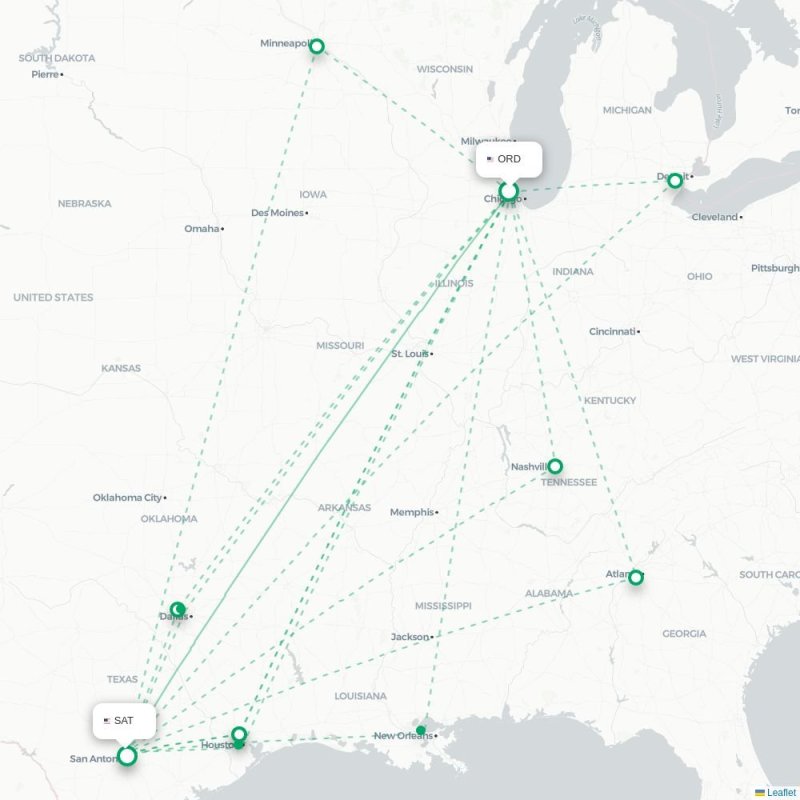ORD - SAT route map